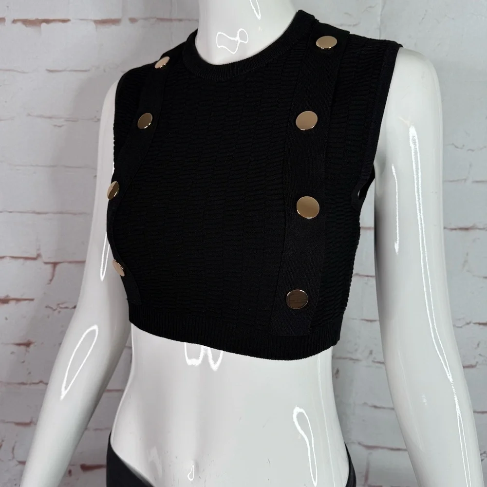 NEW ZARA S Black Sleeveless Crop Top Knit Vest Gold Button Accents Small NWT - Picture 5 of 15